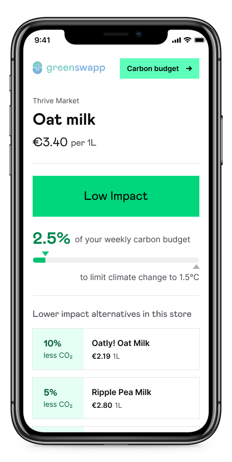 Greenswapp climate label QR code scan information for oat milk